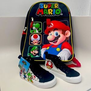 ✨ FREE gift 🎁! Super Mario Brothers Kid Sneakers & Backpack Movie Red B&W